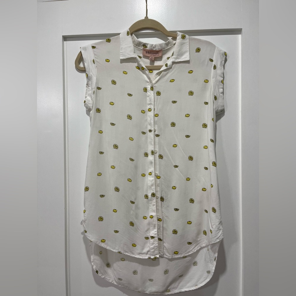 Philosophy Women's Lemons Rayon Cuffed Cap Sleeve Collar Button Down Shirt SZ S